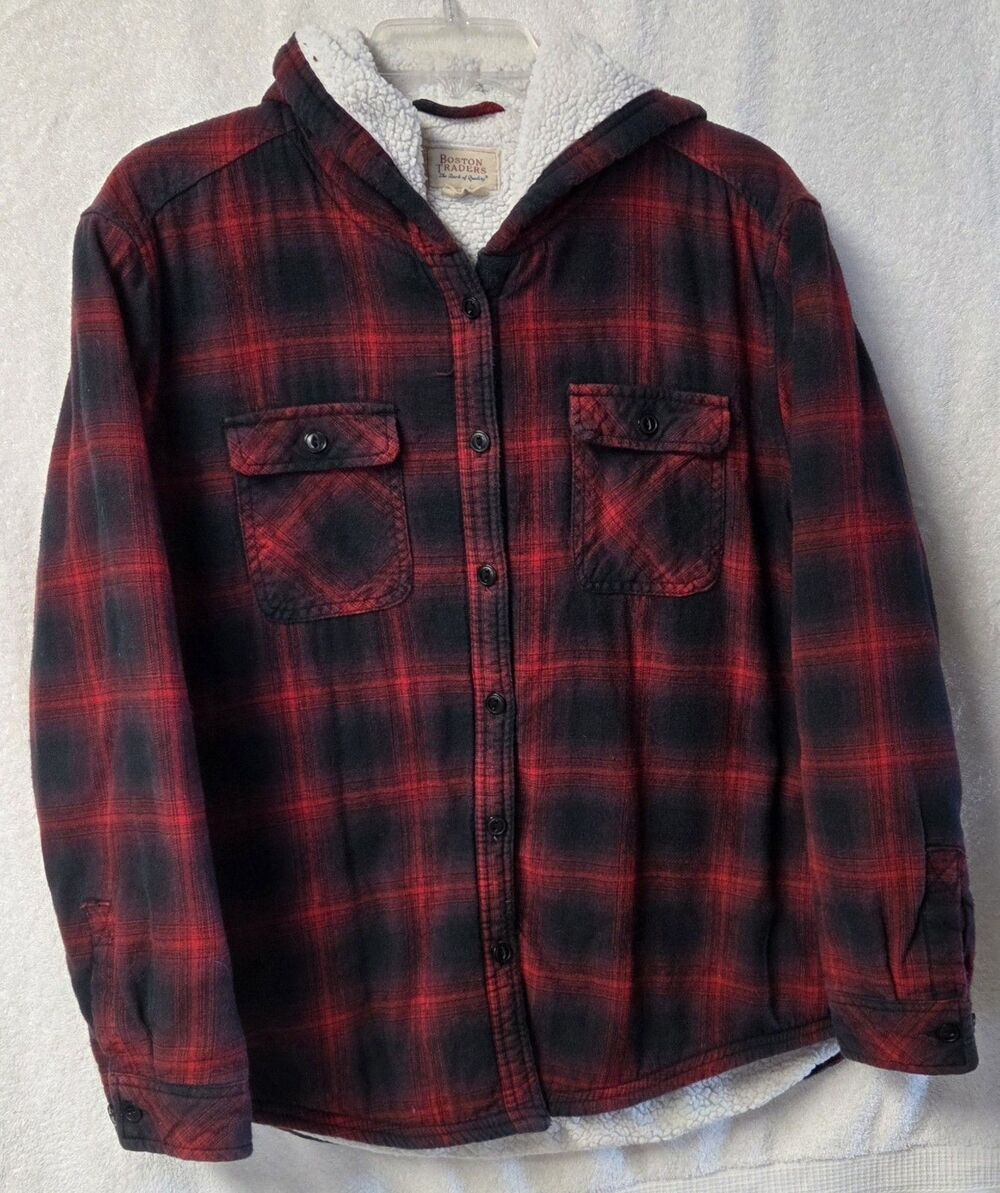 Boston Traders Sherpa Hooded Flannel Shirt Jacket Red Black Plaid Women's Large